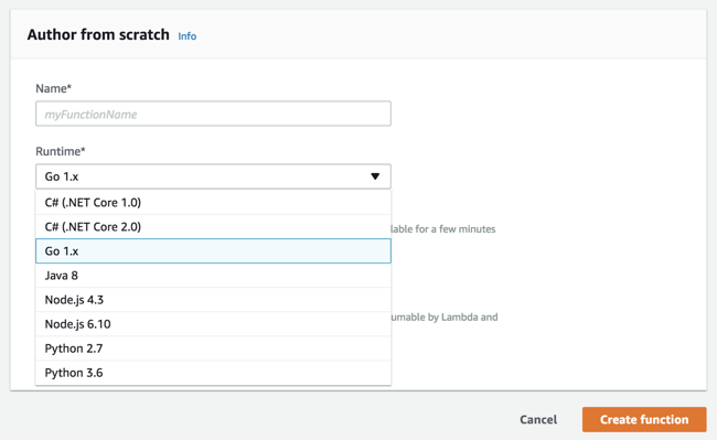 Prompt for creating a new function on Lambda.